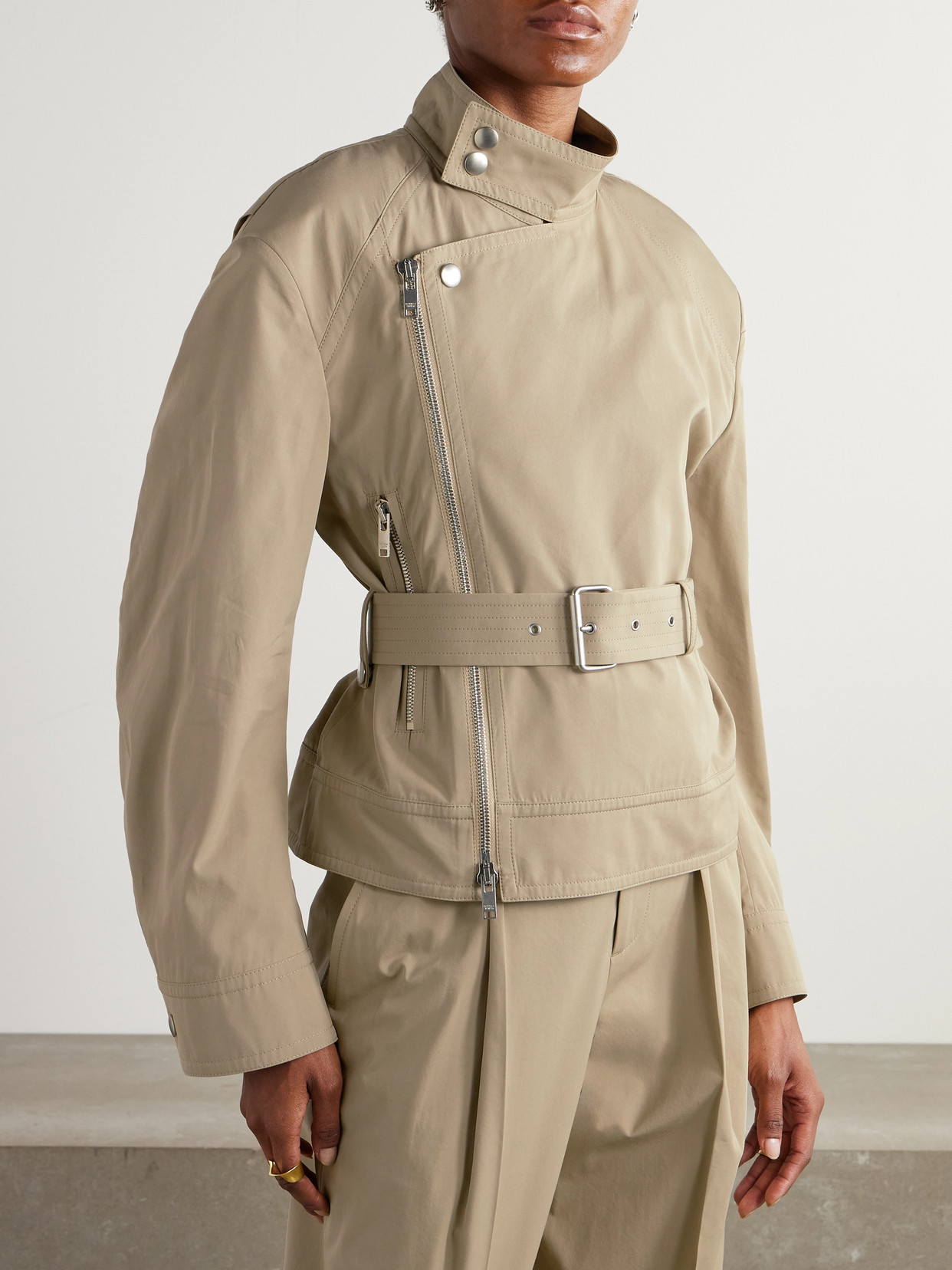 Bottega Veneta Cotton-blend Biker Jacket With Belt In Neutrals