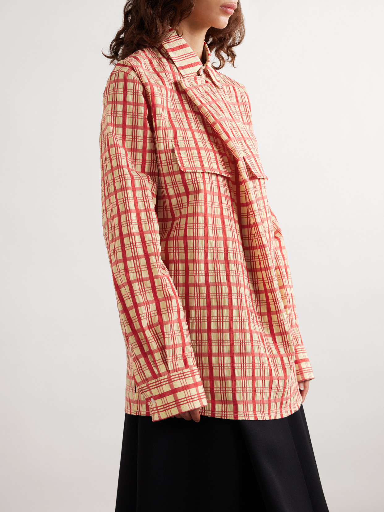 Shop Bottega Veneta Draped Checked Cotton-seersucker Blouse In Red
