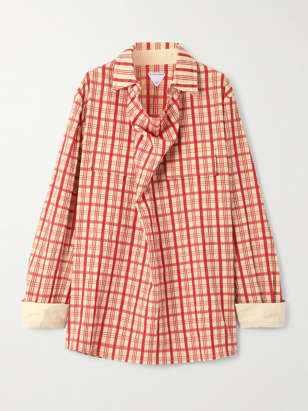 Bottega Veneta Draped Checked Cotton-seersucker Blouse In Red