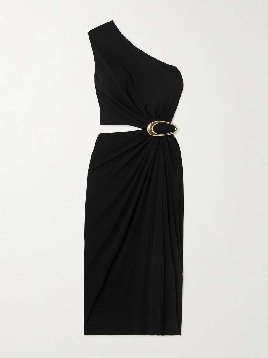 one-shoulder cutout gathered embellished crepe-jersey midi dress