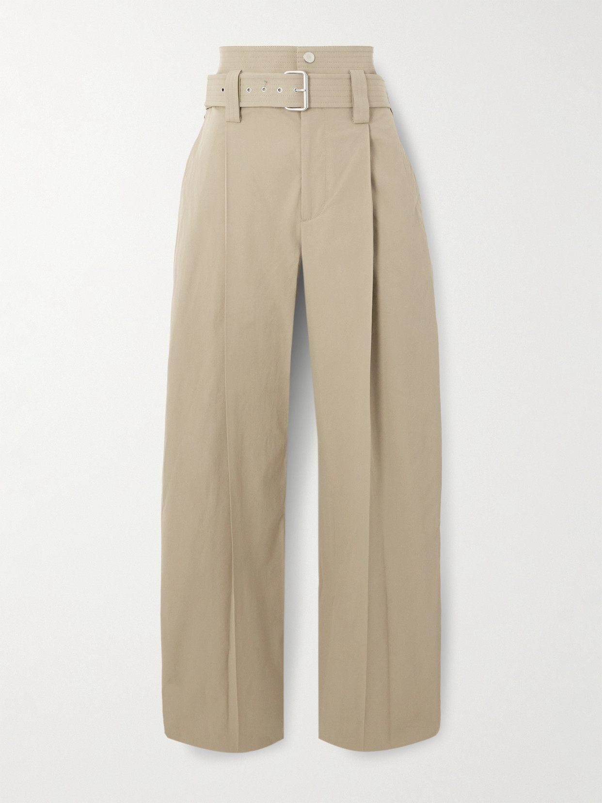 Bottega Veneta Belted Pleated Cotton-blend Straight-leg Pants In Neutrals