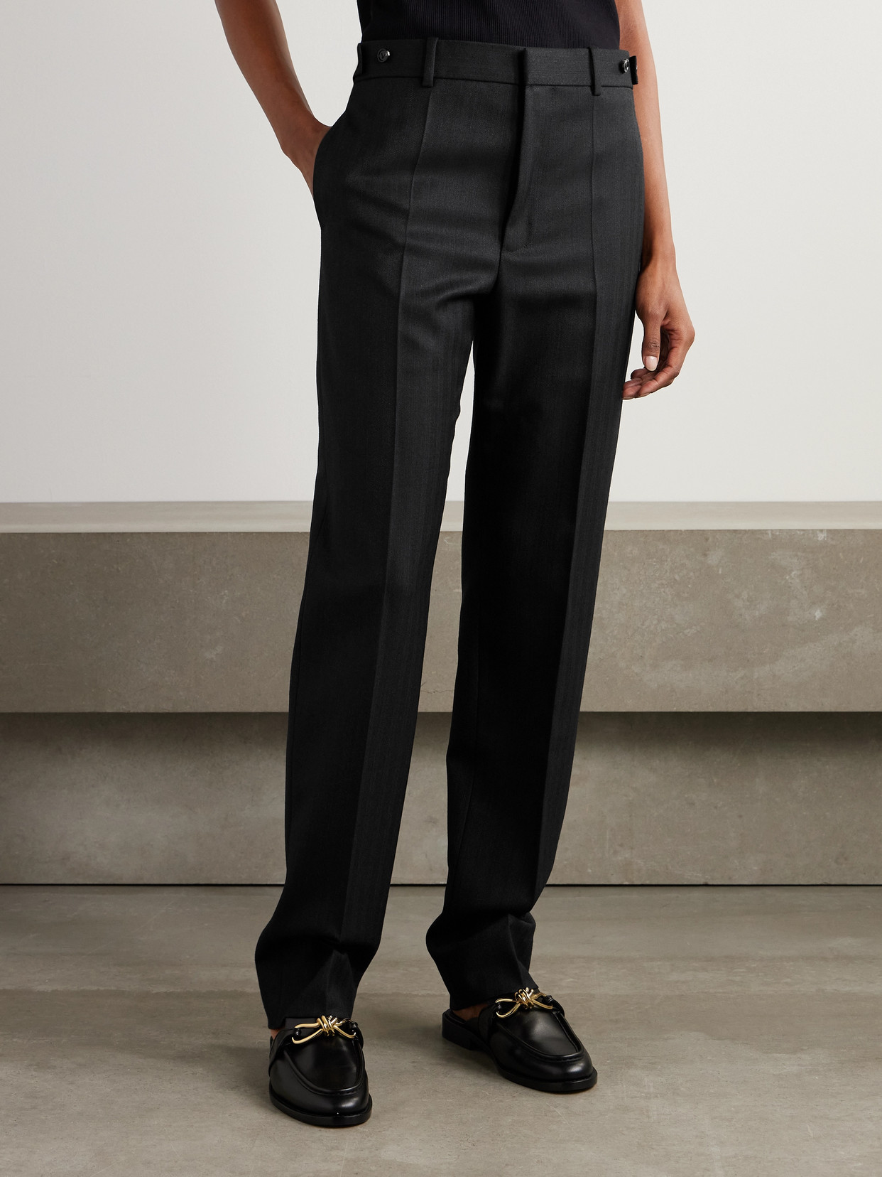 Bottega Veneta Womens Black Poudre Straight-leg High-rise Wool Trousers In Black