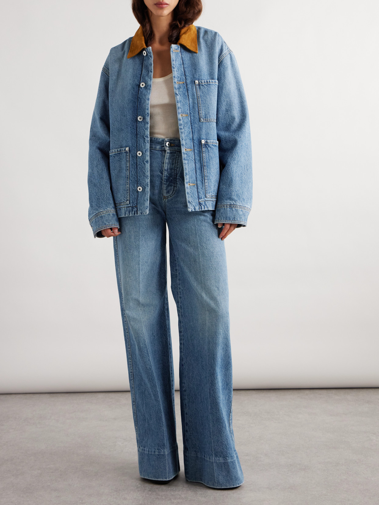 BOTTEGA VENETA APPLIQUÉD SUEDE-TRIMMED DENIM JACKET