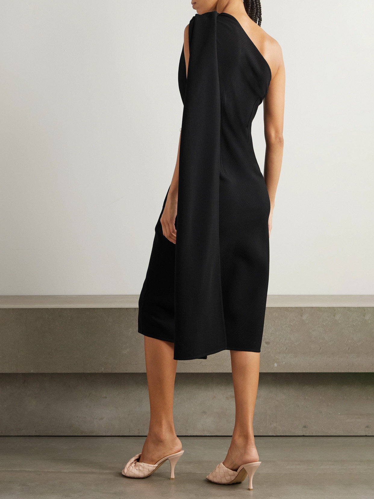 BOTTEGA VENETA CAPE-EFFECT EMBELLISHED ONE-SHOULDER CREPE MIDI DRESS