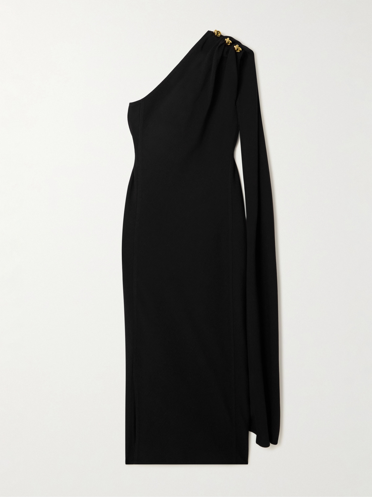 BOTTEGA VENETA CAPE-EFFECT EMBELLISHED ONE-SHOULDER CREPE MIDI DRESS