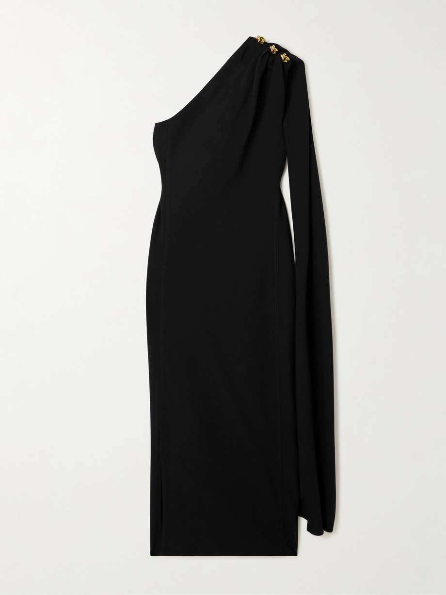 cape-effect embellished one-shoulder crepe midi dress