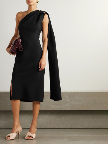 Bottega Veneta Cape-effect embellished one-shoulder crepe midi dress