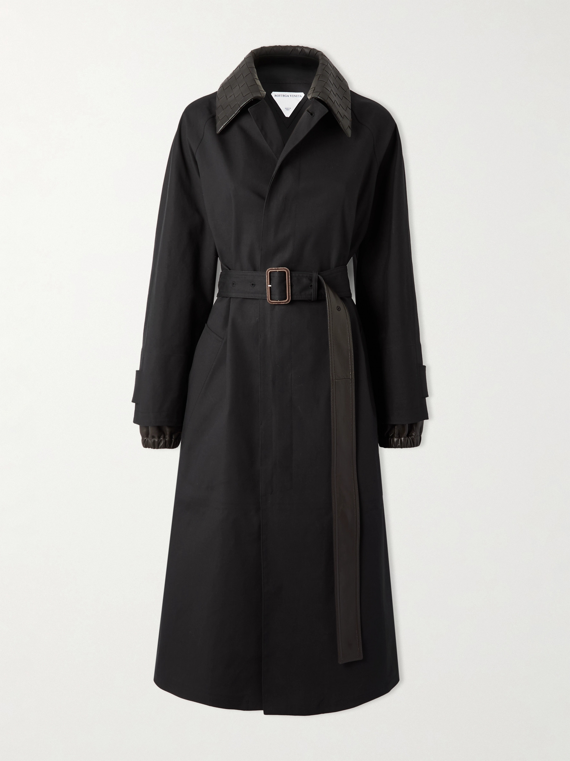 Bottega Veneta Belted intrecciato leather-trimmed cotton-blend gabardine trench coat thumbnail