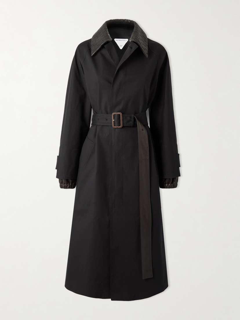 Bottega Veneta Belted Intrecciato Leather-trimmed Cotton-blend Gabardine Trench Coat