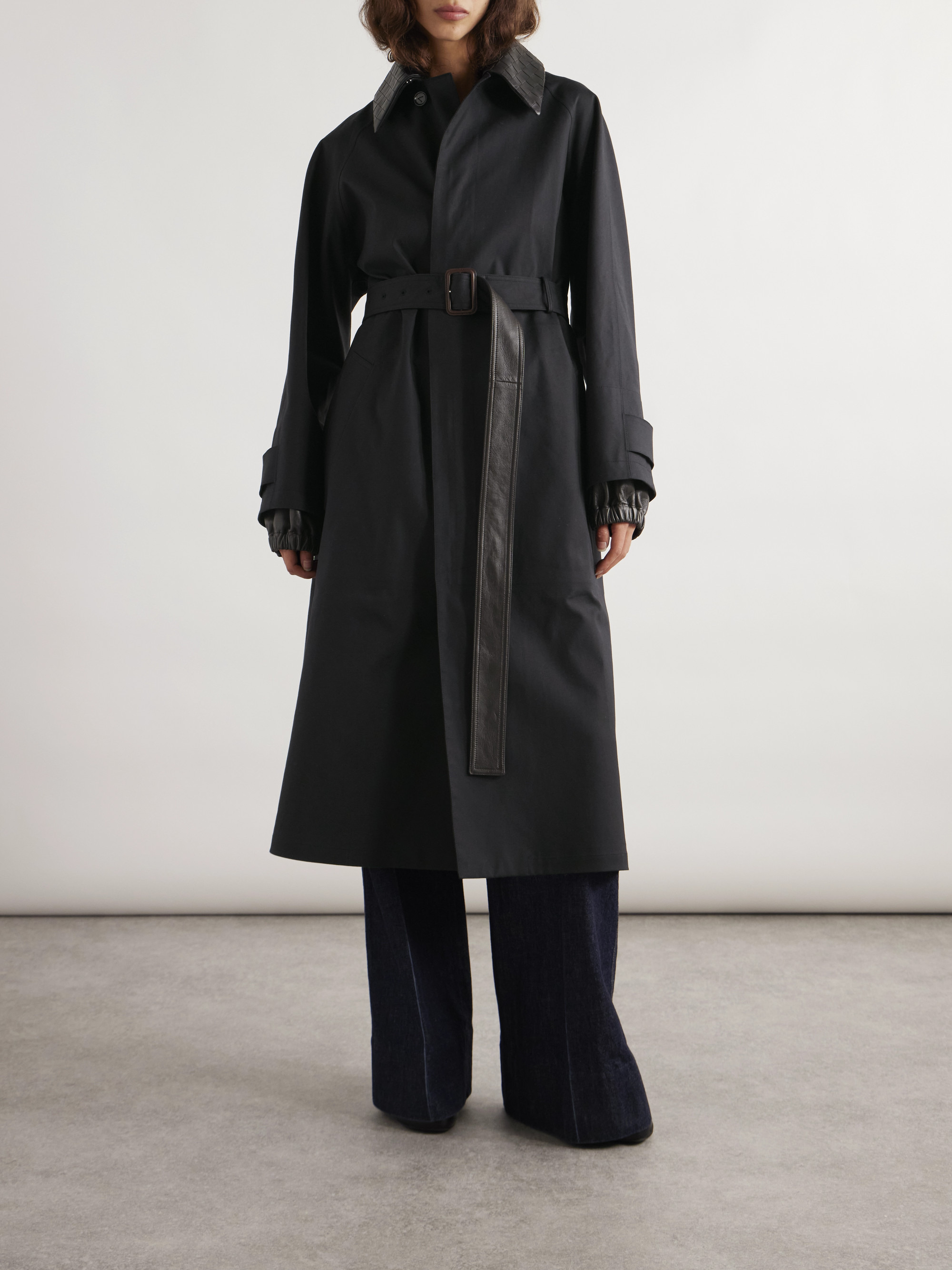 Bottega Veneta Belted intrecciato leather-trimmed cotton-blend gabardine trench coat
