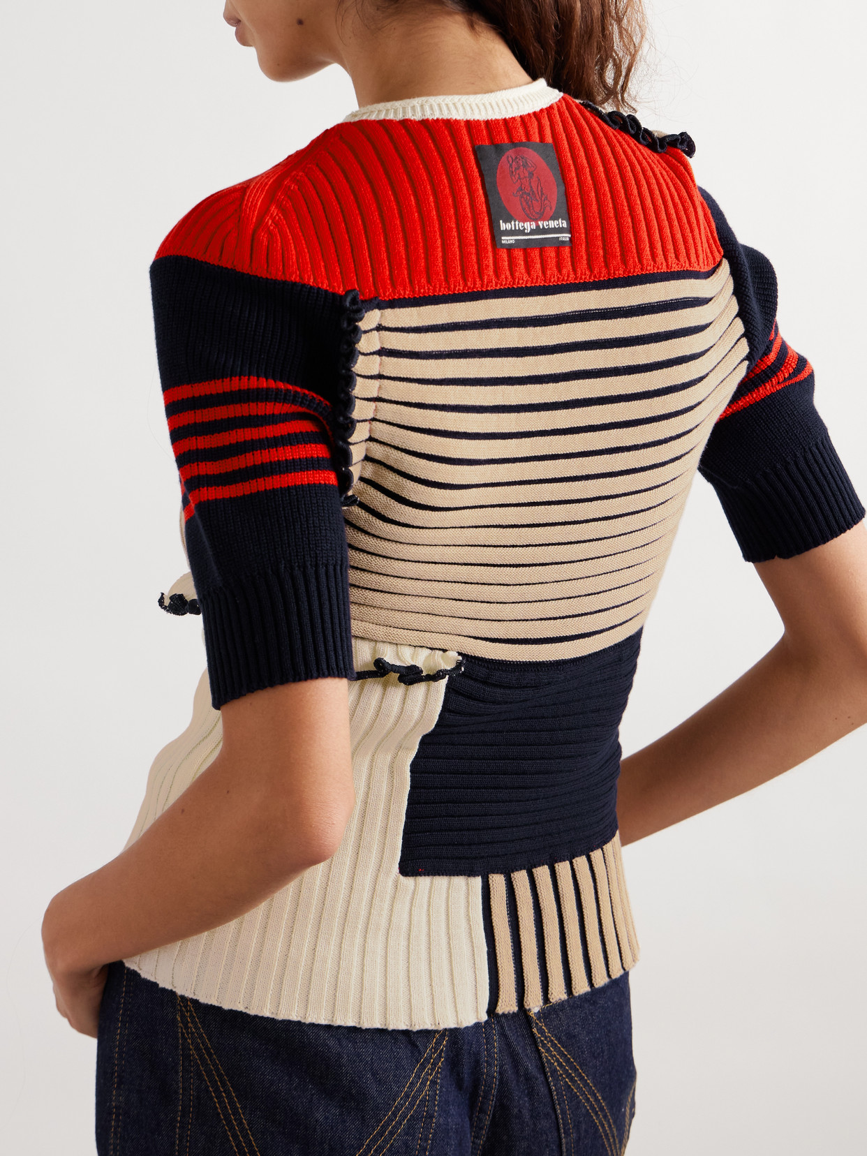 BOTTEGA VENETA PATCHWORK RUFFLED STRIPED RIBBED COTTON SWEATER