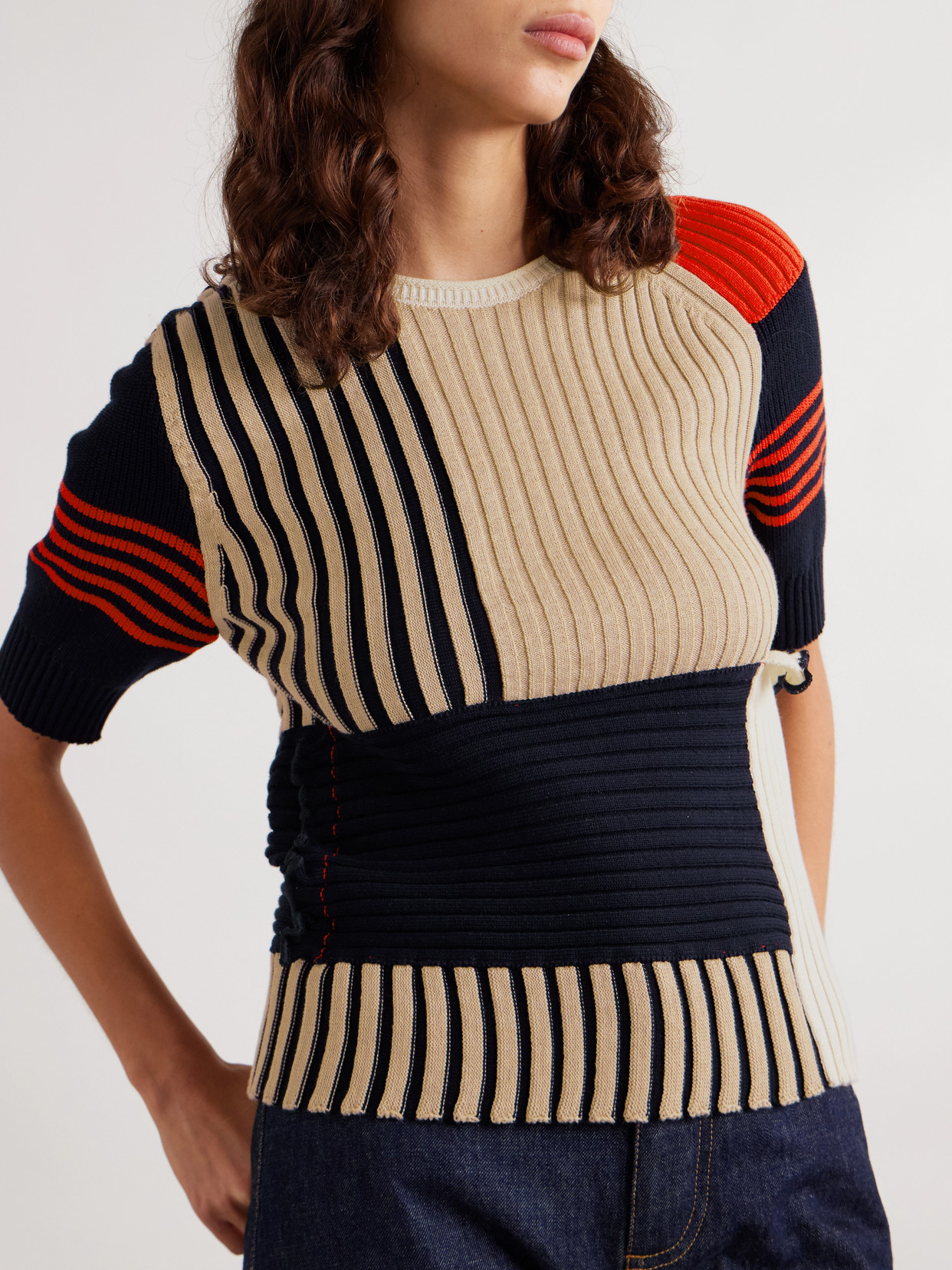 BOTTEGA VENETA PATCHWORK RUFFLED STRIPED RIBBED COTTON SWEATER