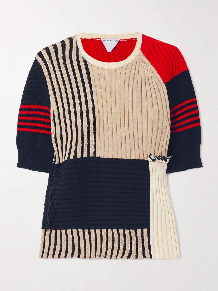 Bottega Veneta Patchwork Ruffled Striped Ribbed Cotton Sweater