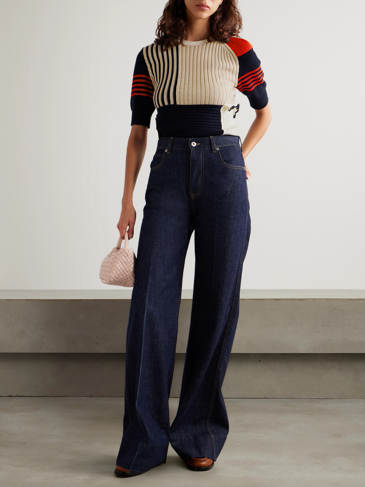 BOTTEGA VENETA PATCHWORK RUFFLED STRIPED RIBBED COTTON SWEATER