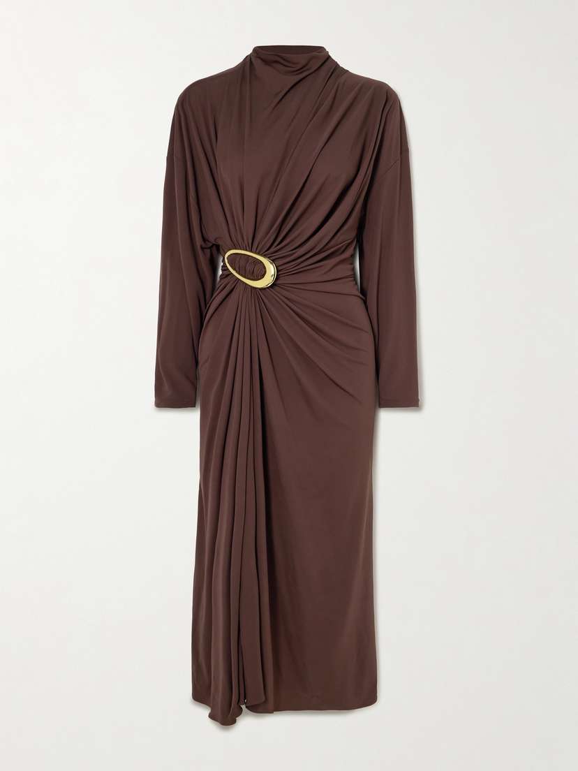 Bottega Veneta Gathered Embellished Crepe-jersey Midi Dress