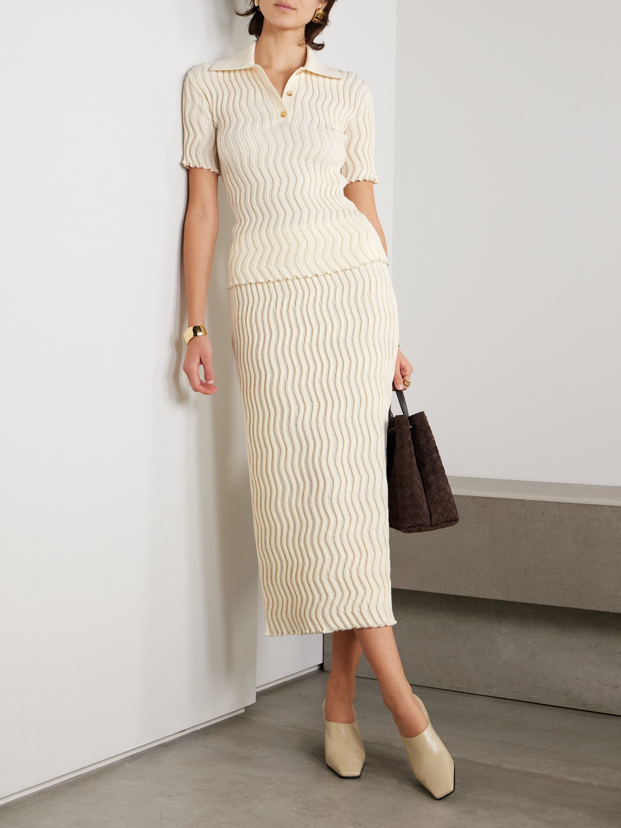 Shop Bottega Veneta Ribbed Wool Polo Shirt In Off-white