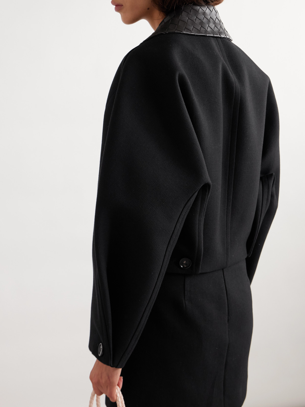 Bottega Veneta Convertible Intrecciato Leather-trimmed Cotton-blend Jacket In Black