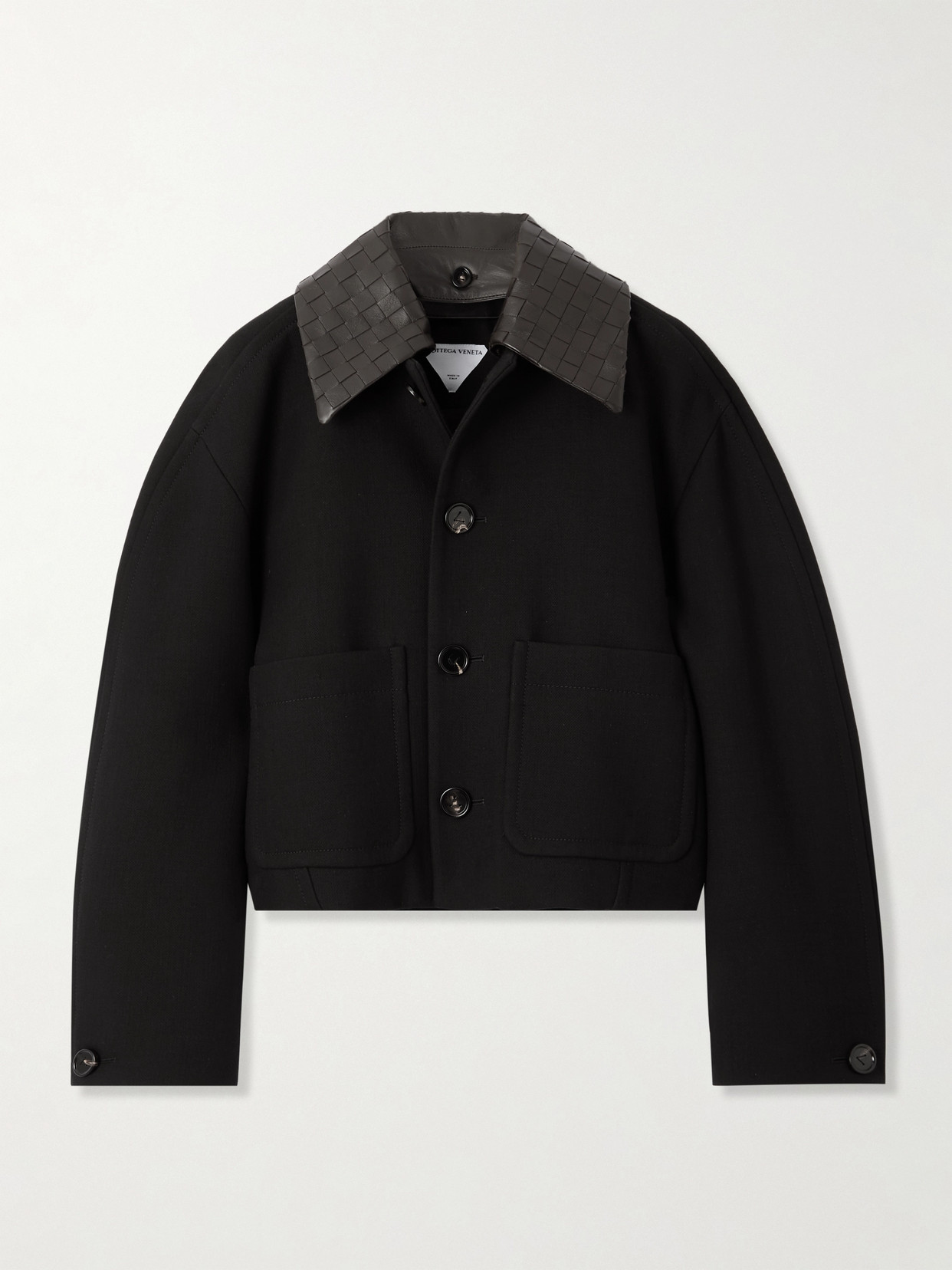 Bottega Veneta Convertible Intrecciato Leather-trimmed Cotton-blend Jacket In Black