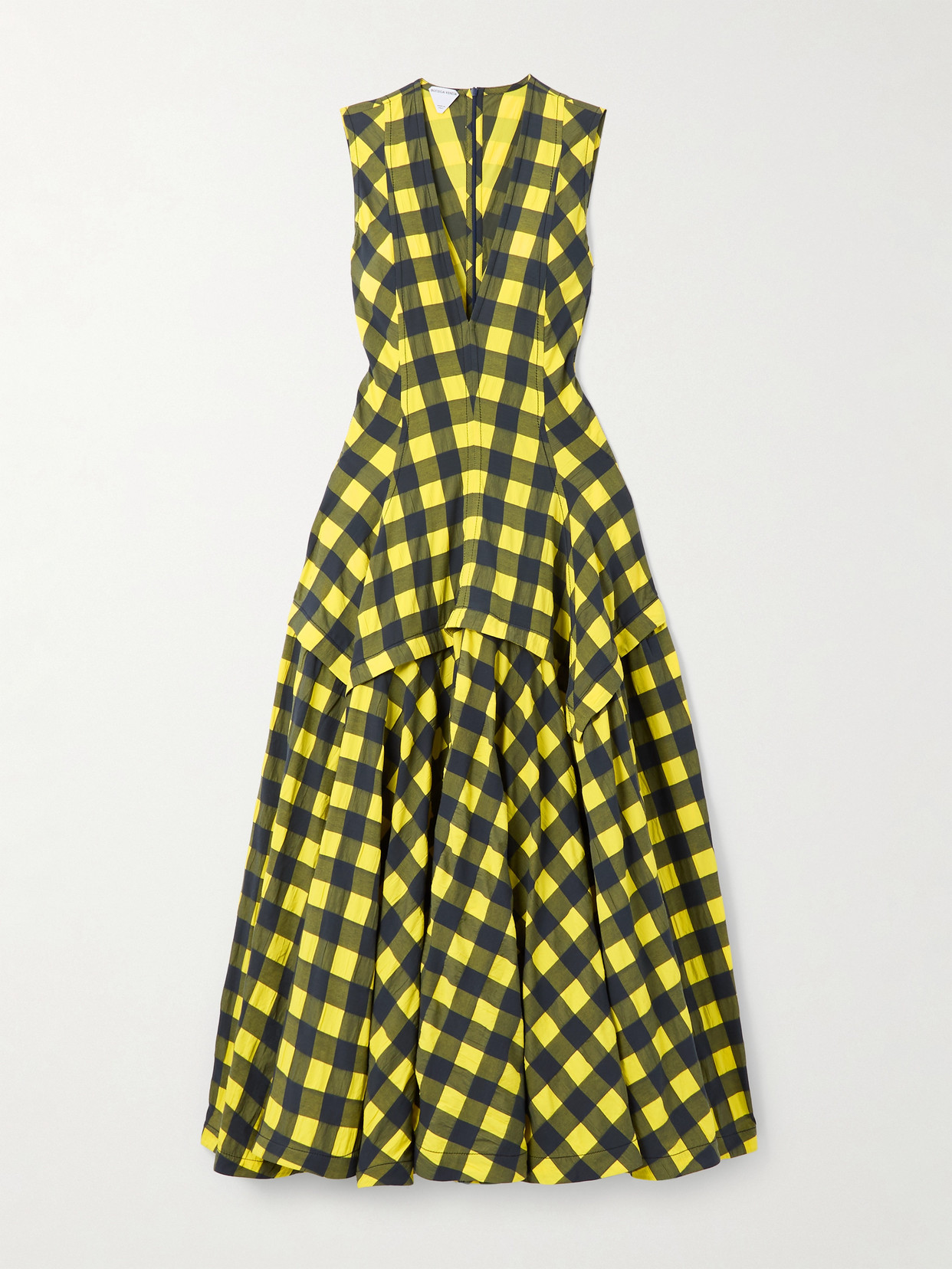 Bottega Veneta Pleated Paneled Checked Cotton Midi Dress In Yellow