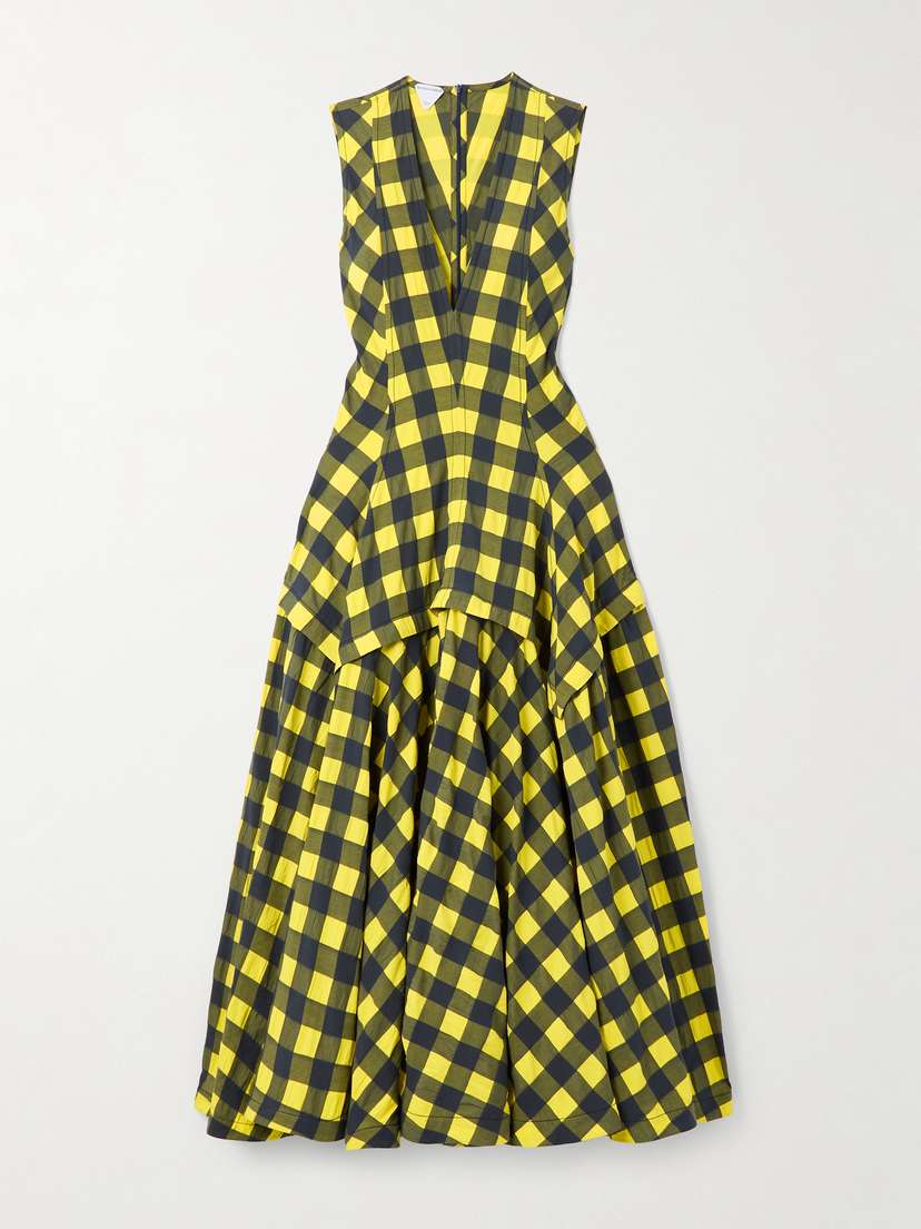 Bottega Veneta Pleated Paneled Checked Cotton Midi Dress