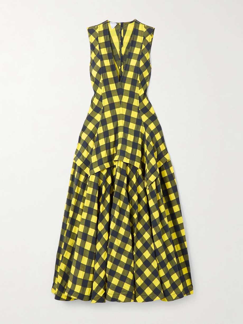 pleated paneled checked cotton midi dress