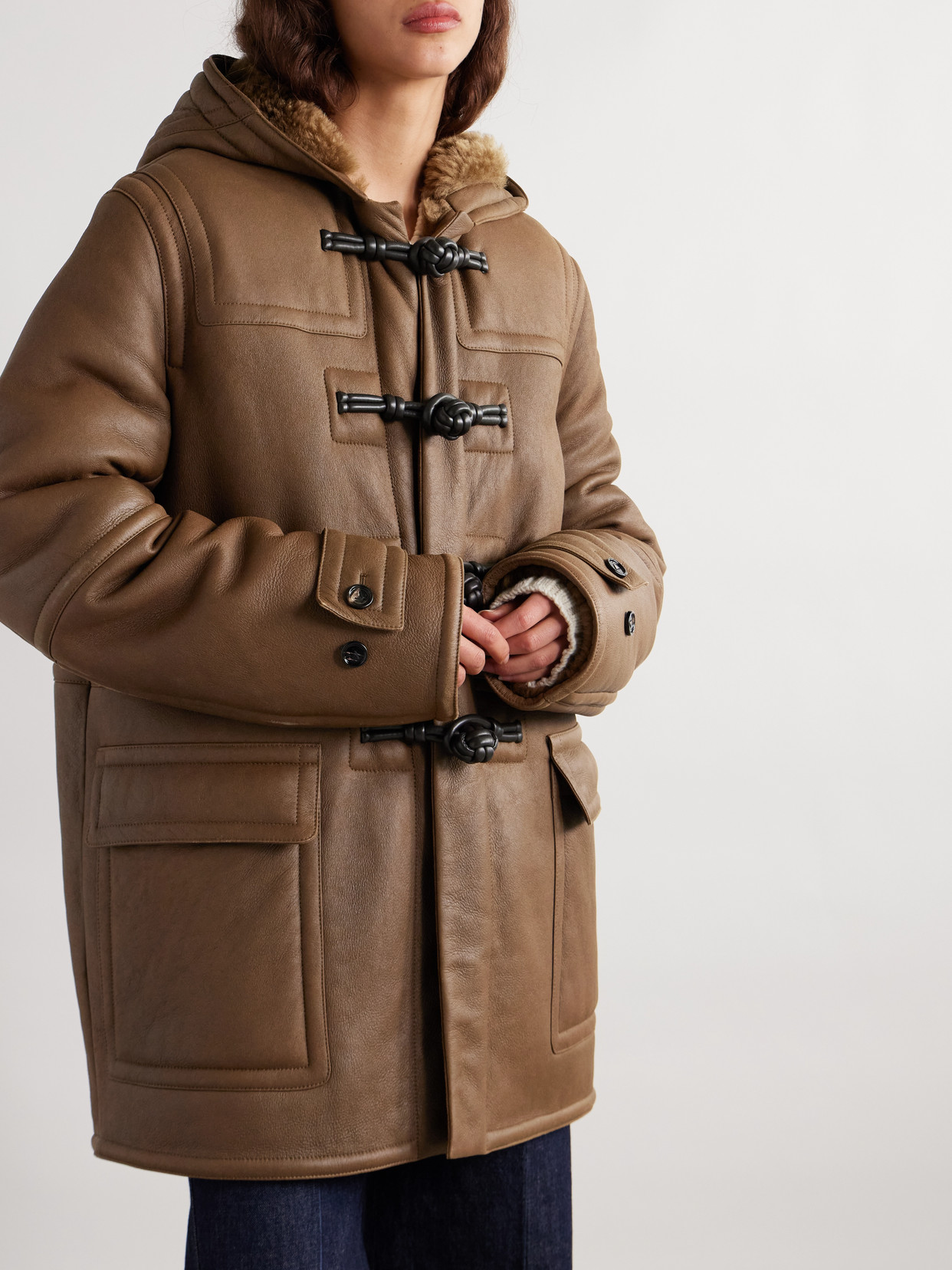 Bottega Veneta Auckland Hooded Shearling Jacket In Brown