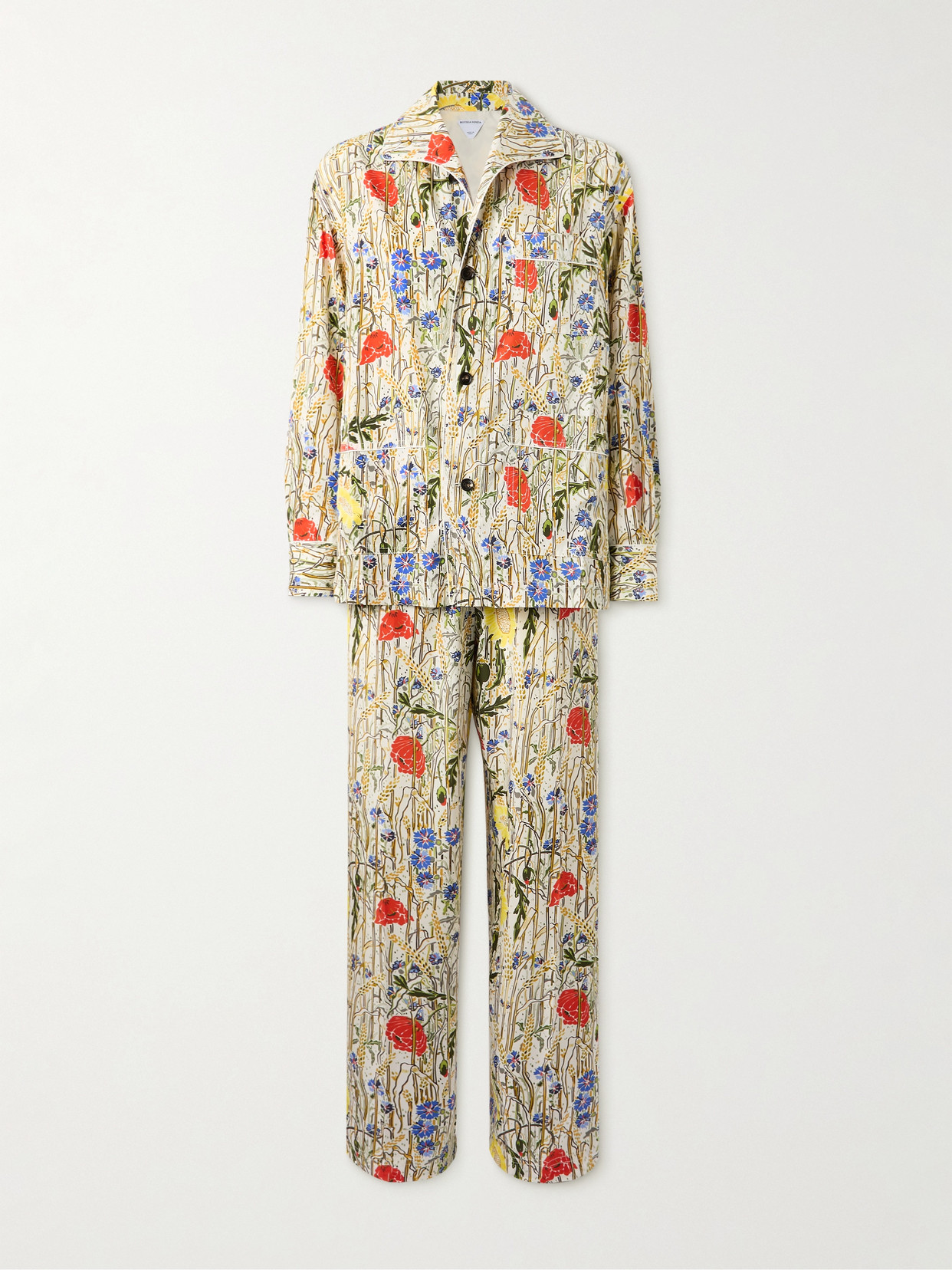 Bottega Veneta Womens Chalk Hibiscus Khaki Flower-print Wide-leg High-rise Woven-blend Pyjama Set In Neutrals