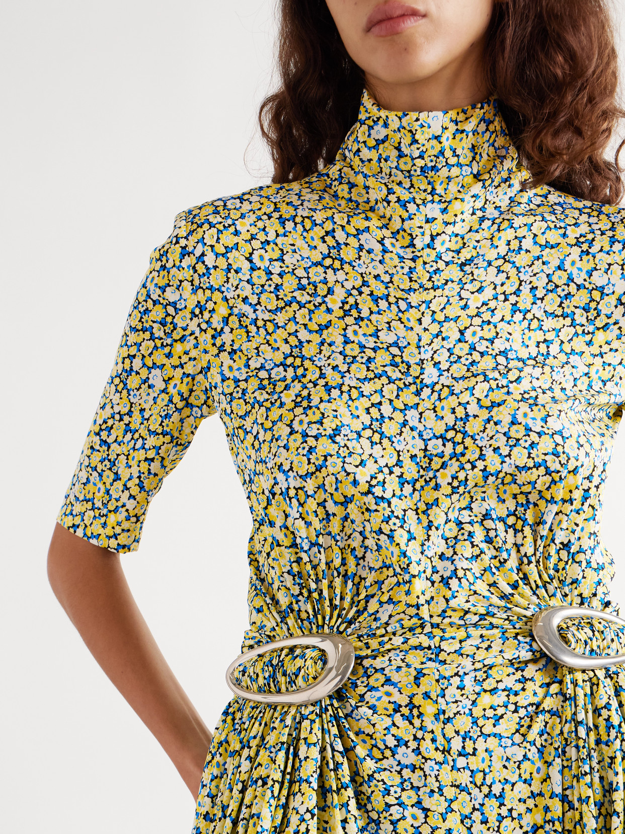Bottega Veneta Embellished Gathered Pleated Floral-print Crepe Turtleneck Midi Dress In Yellow