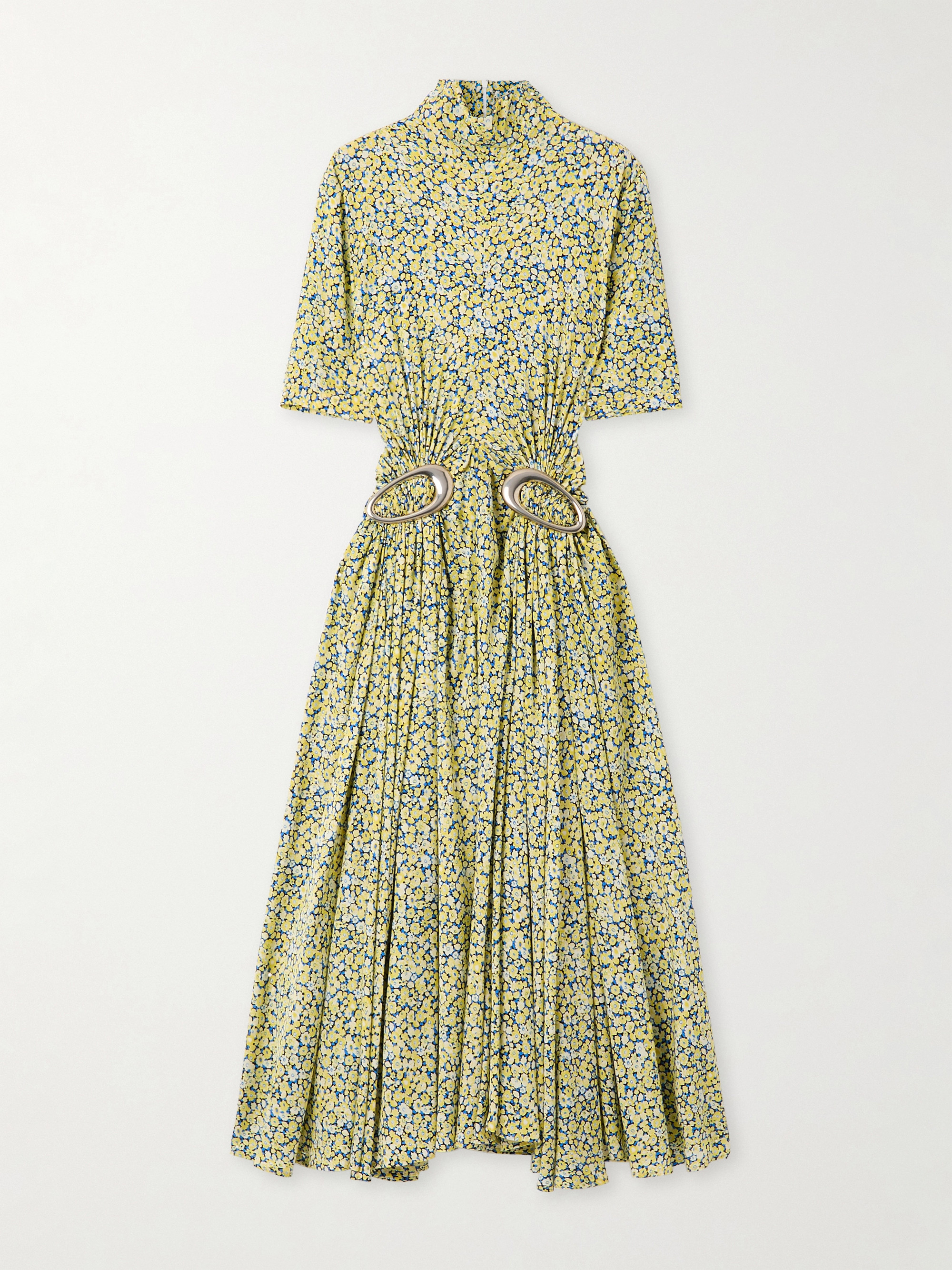 Bottega Veneta Embellished gathered pleated floral-print crepe turtleneck midi dress thumbnail