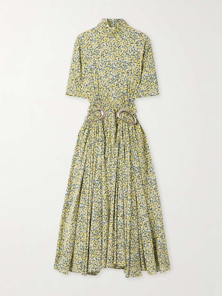 embellished gathered pleated floral-print crepe turtleneck midi dress