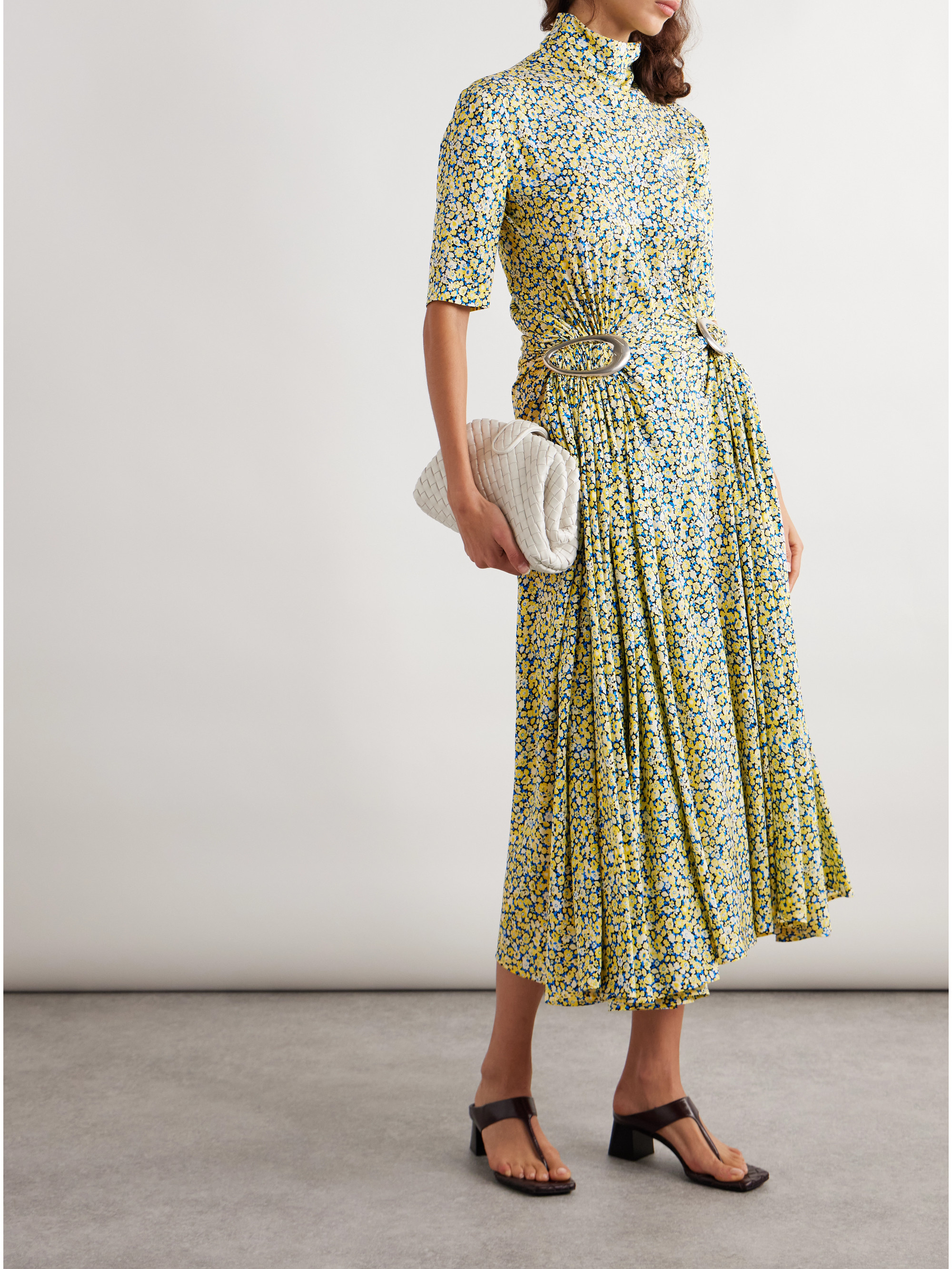 Bottega Veneta Embellished gathered pleated floral-print crepe turtleneck midi dress