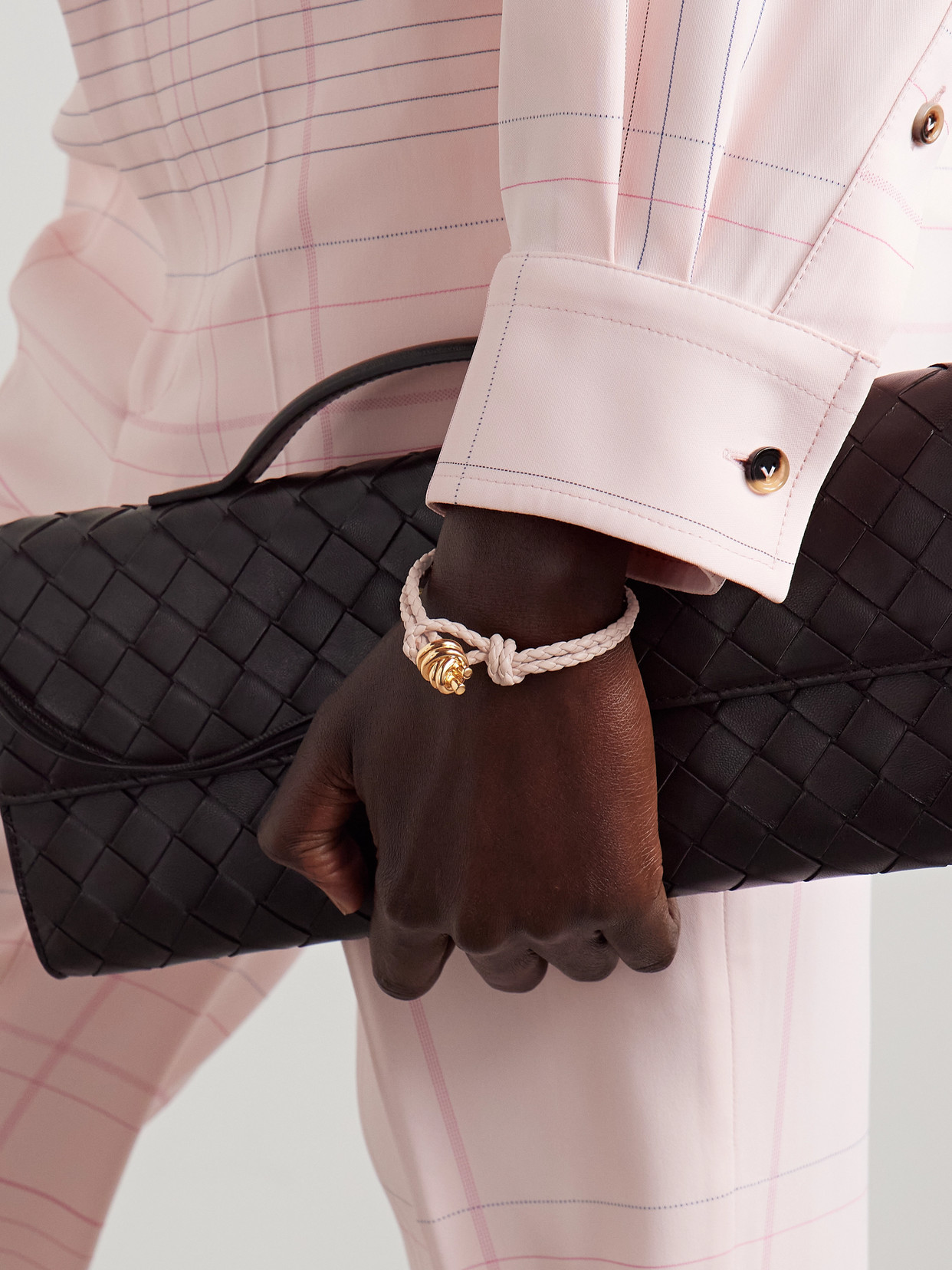 Bottega Veneta Intrecciato Leather And Gold-tone Bracelet In Pink