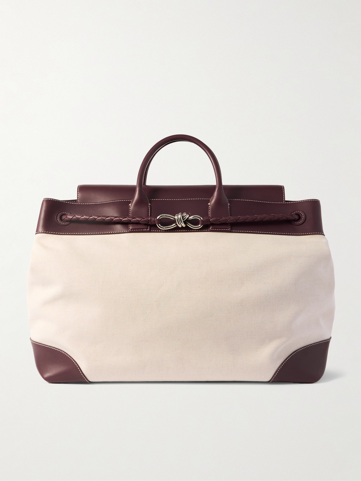 Bottega Veneta Andiamo Maxi Embellished Leather-trimmed Canvas Tote In Neutral