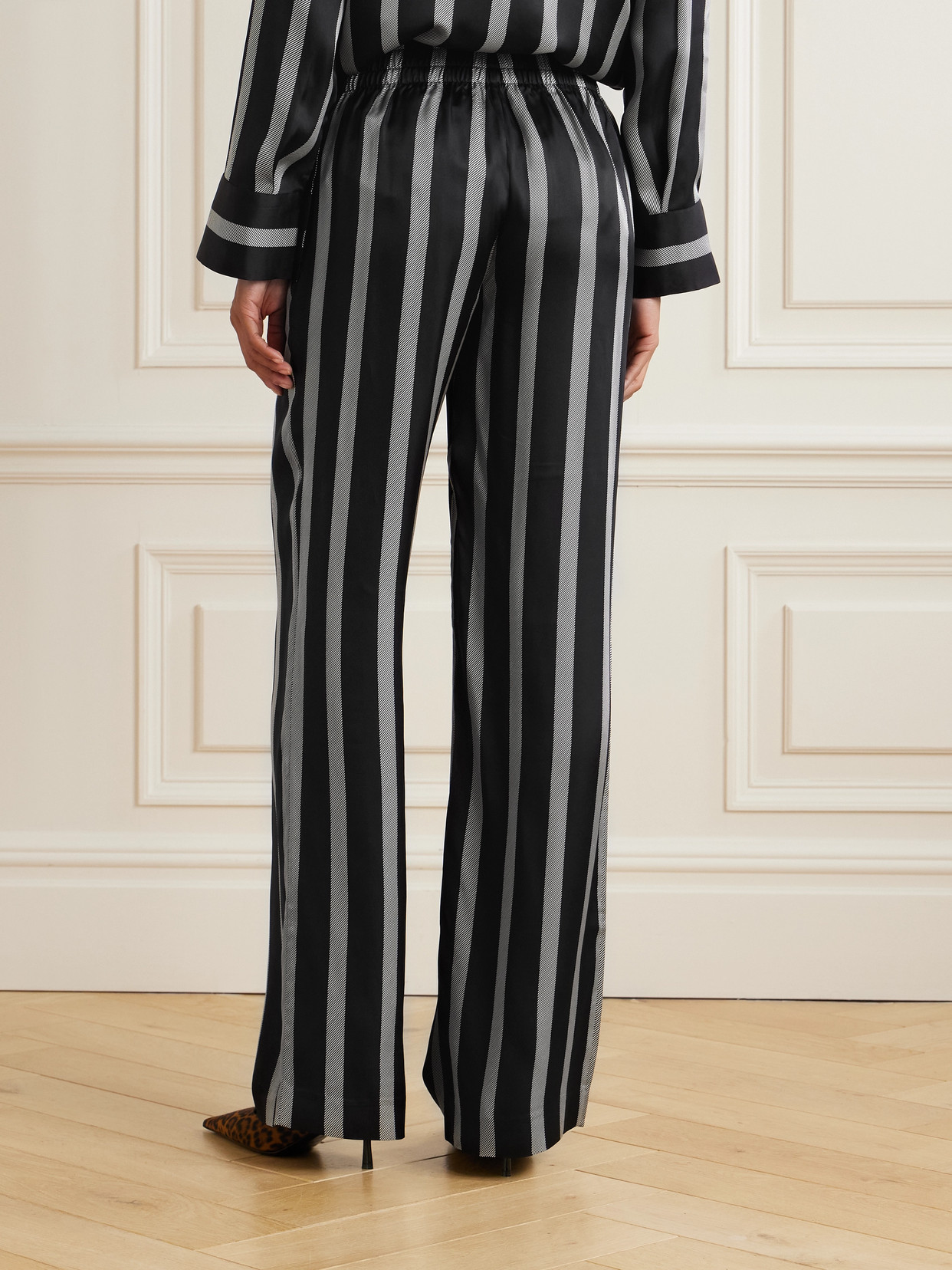 Anine Bing Soto Striped Silk-blend Twill Wide-leg Pants In Black
