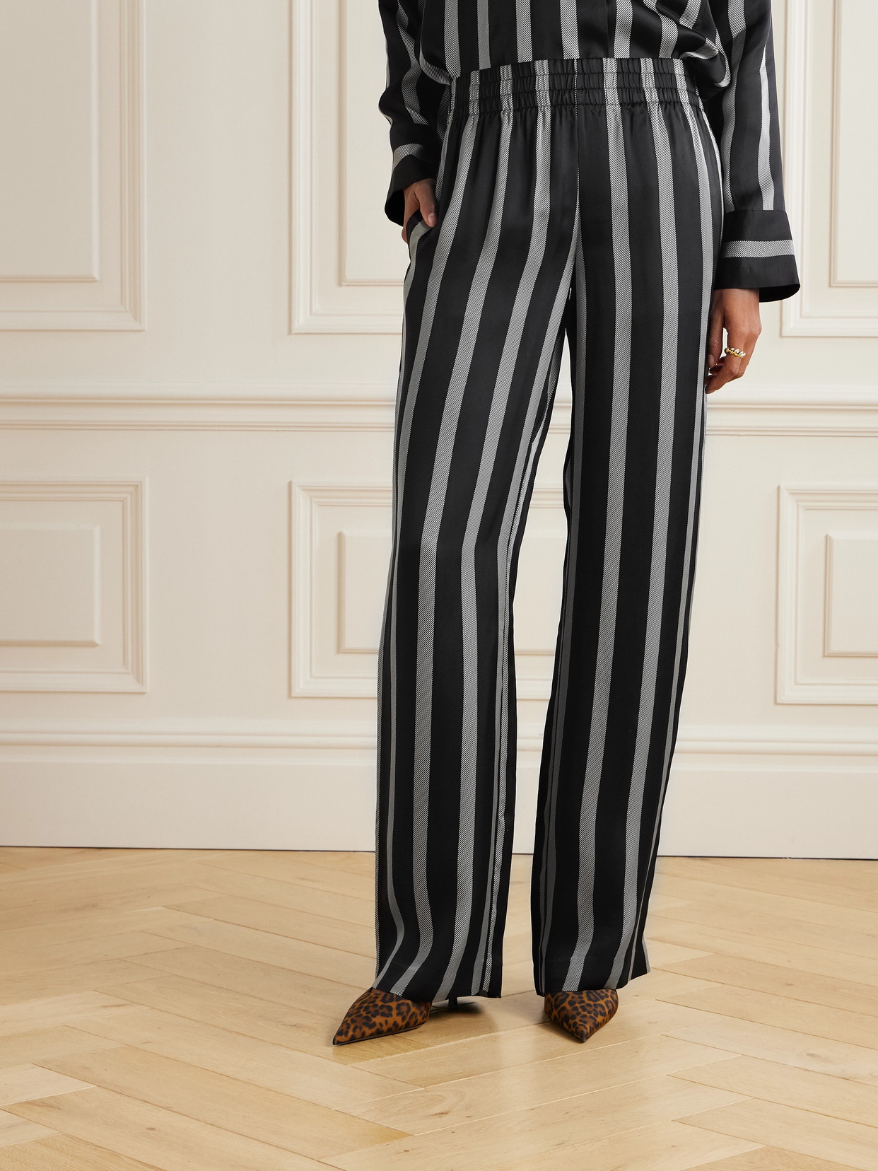 Anine Bing Soto Striped Silk-blend Twill Wide-leg Pants In Black