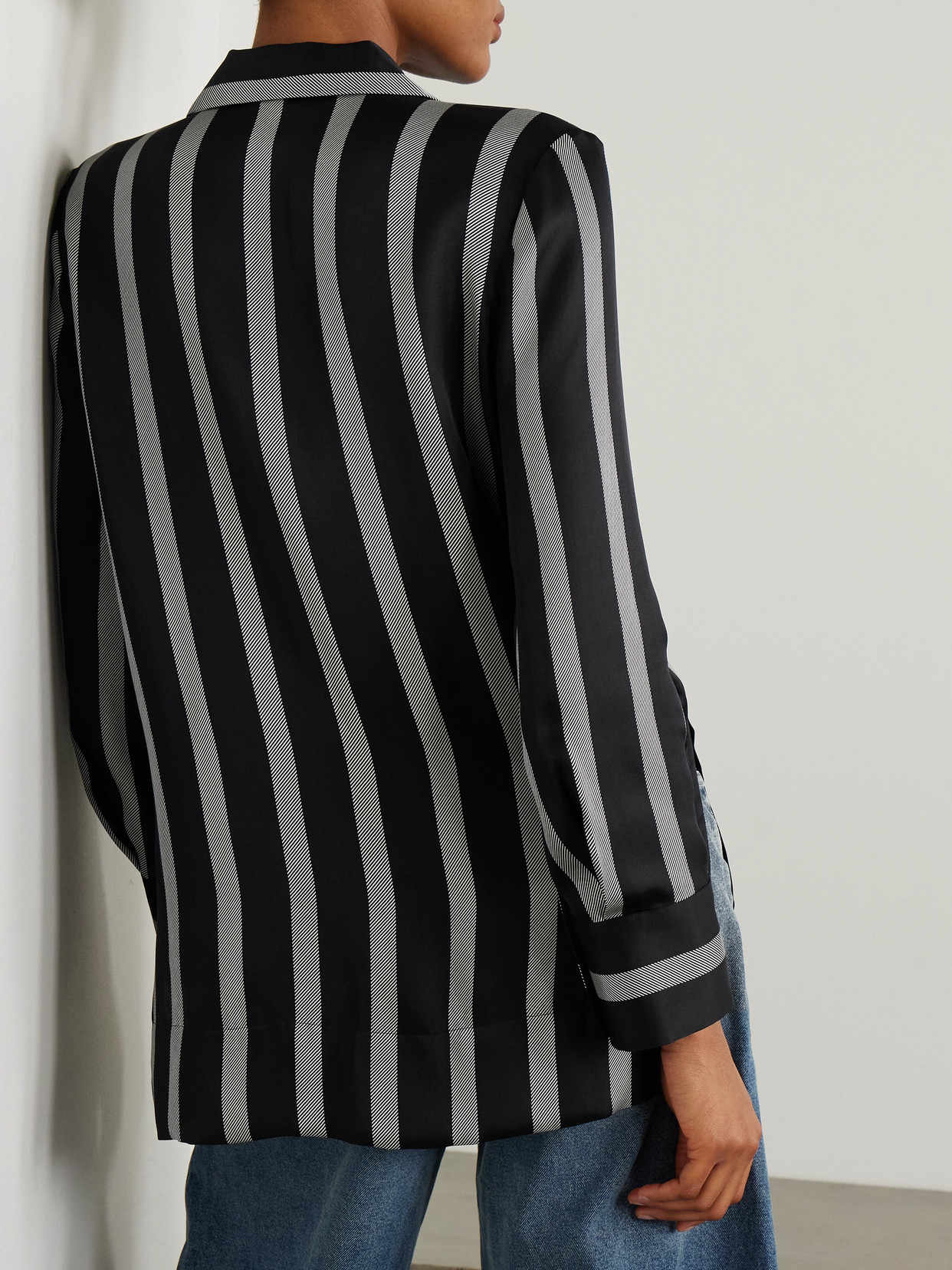 Shop Anine Bing Lynette Striped Silk-blend Satin-twill Shirt In Black