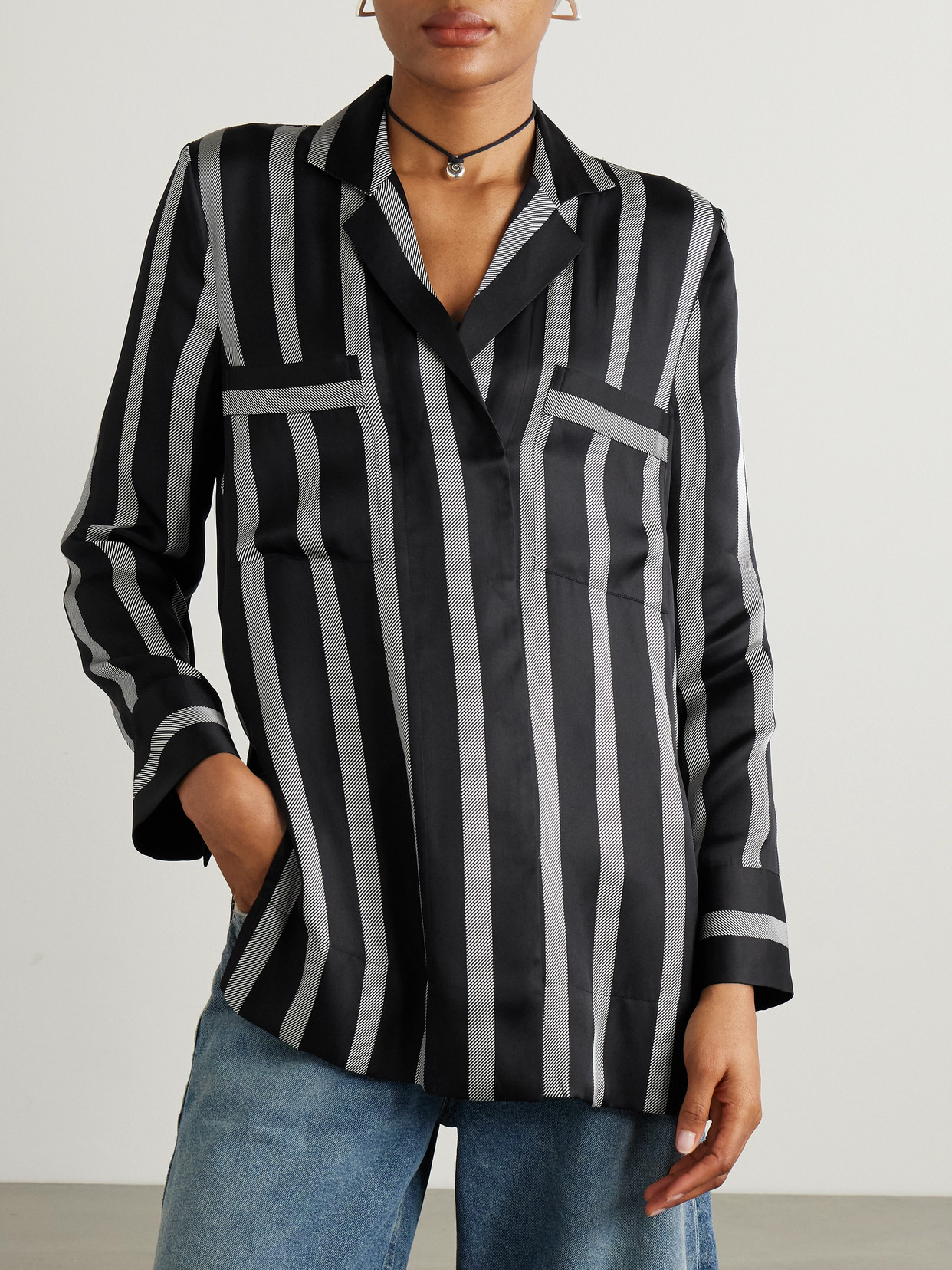 Shop Anine Bing Lynette Striped Silk-blend Satin-twill Shirt In Black