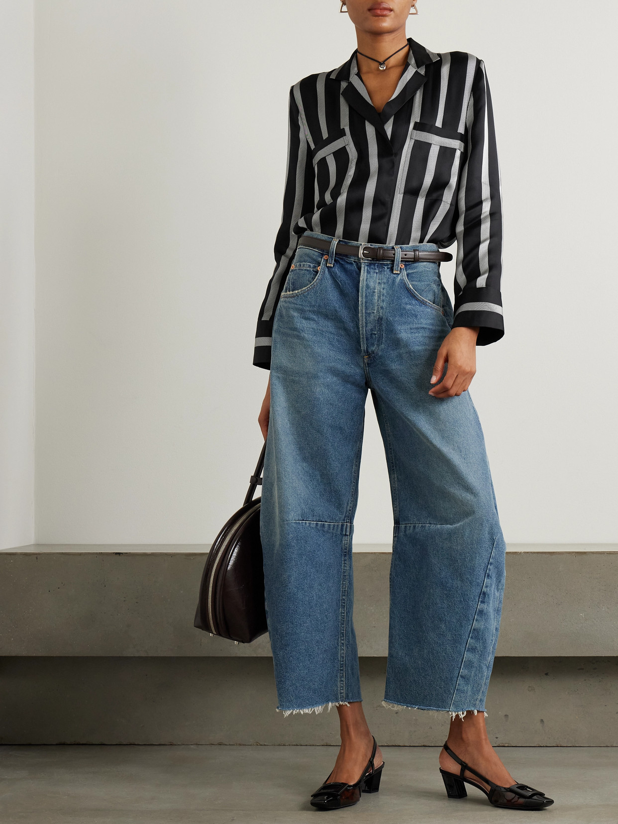 ANINE BING LYNETTE STRIPED SILK-BLEND SATIN-TWILL SHIRT