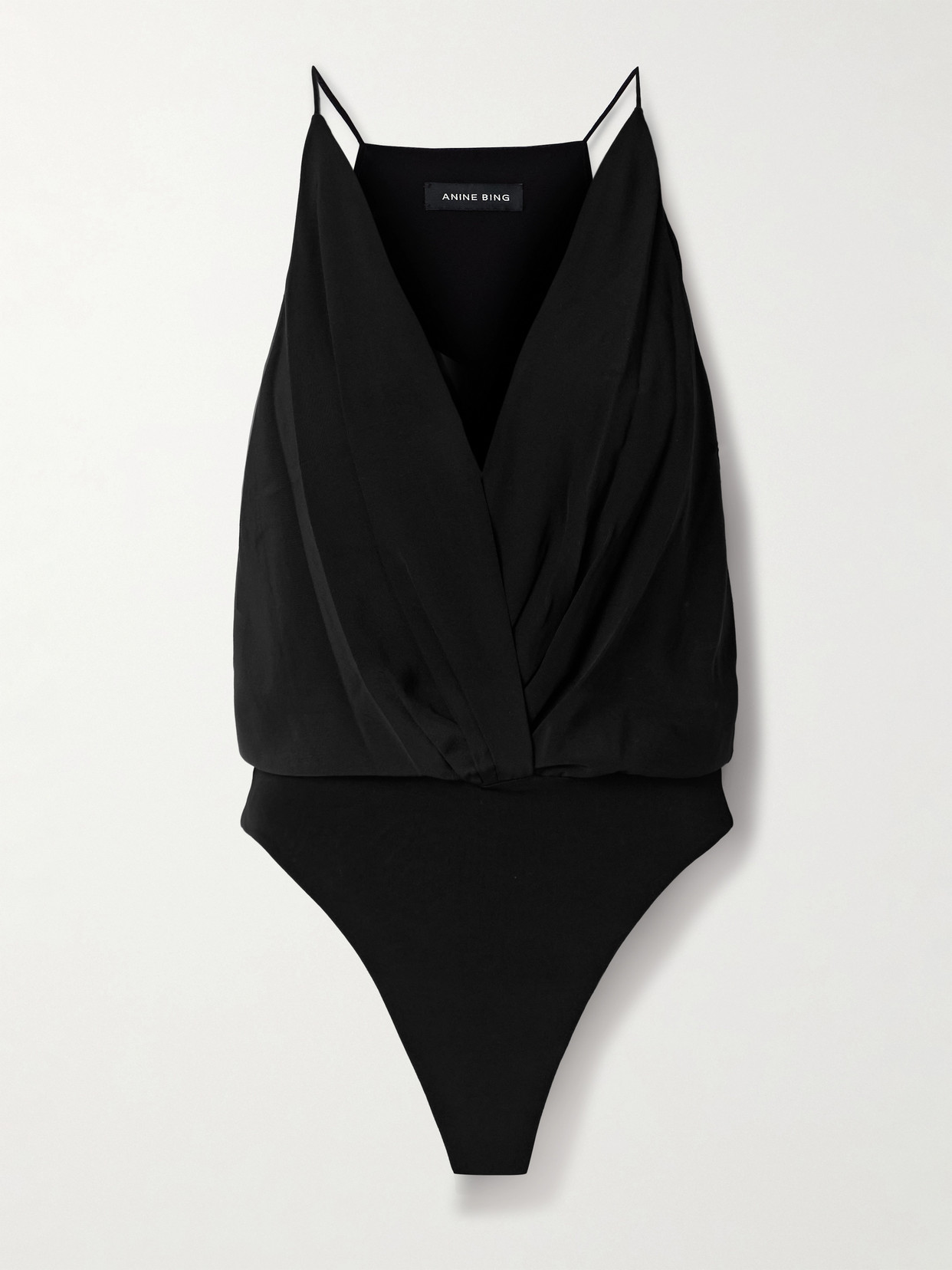 Anine Bing Shiloh Draped Silk Thong Bodysuit In Black