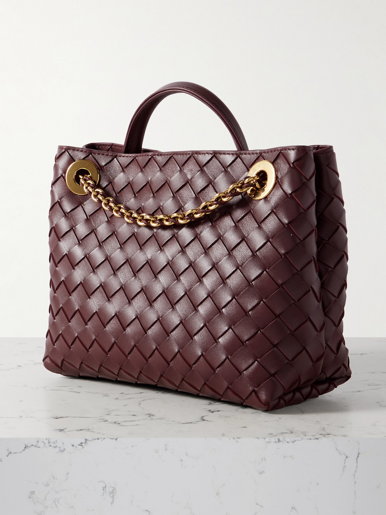 Bottega Veneta Andiamo With Chain Small Intrecciato Leather Shoulder Bag In Burgundy