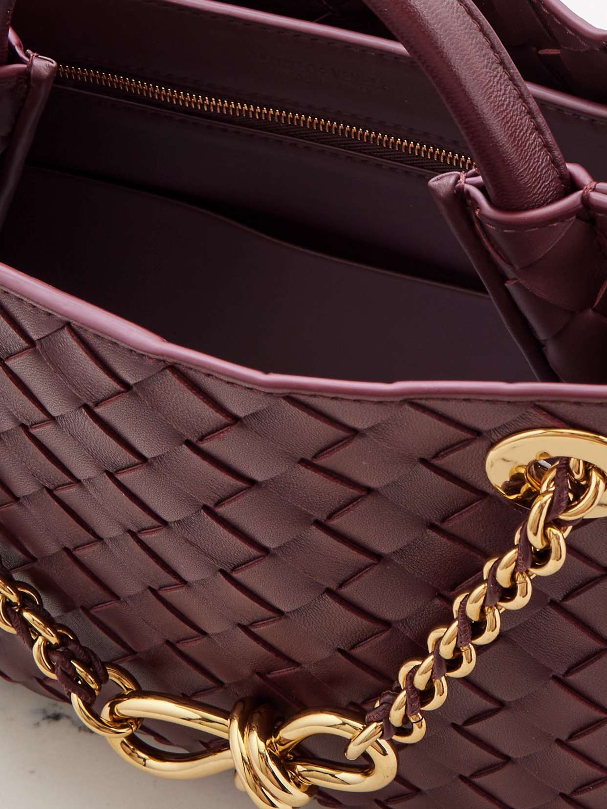 Bottega Veneta Andiamo With Chain Small Intrecciato Leather Shoulder Bag In Burgundy