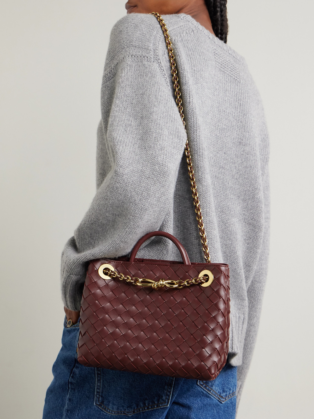 Bottega Veneta Andiamo With Chain Small Intrecciato Leather Shoulder Bag In Burgundy