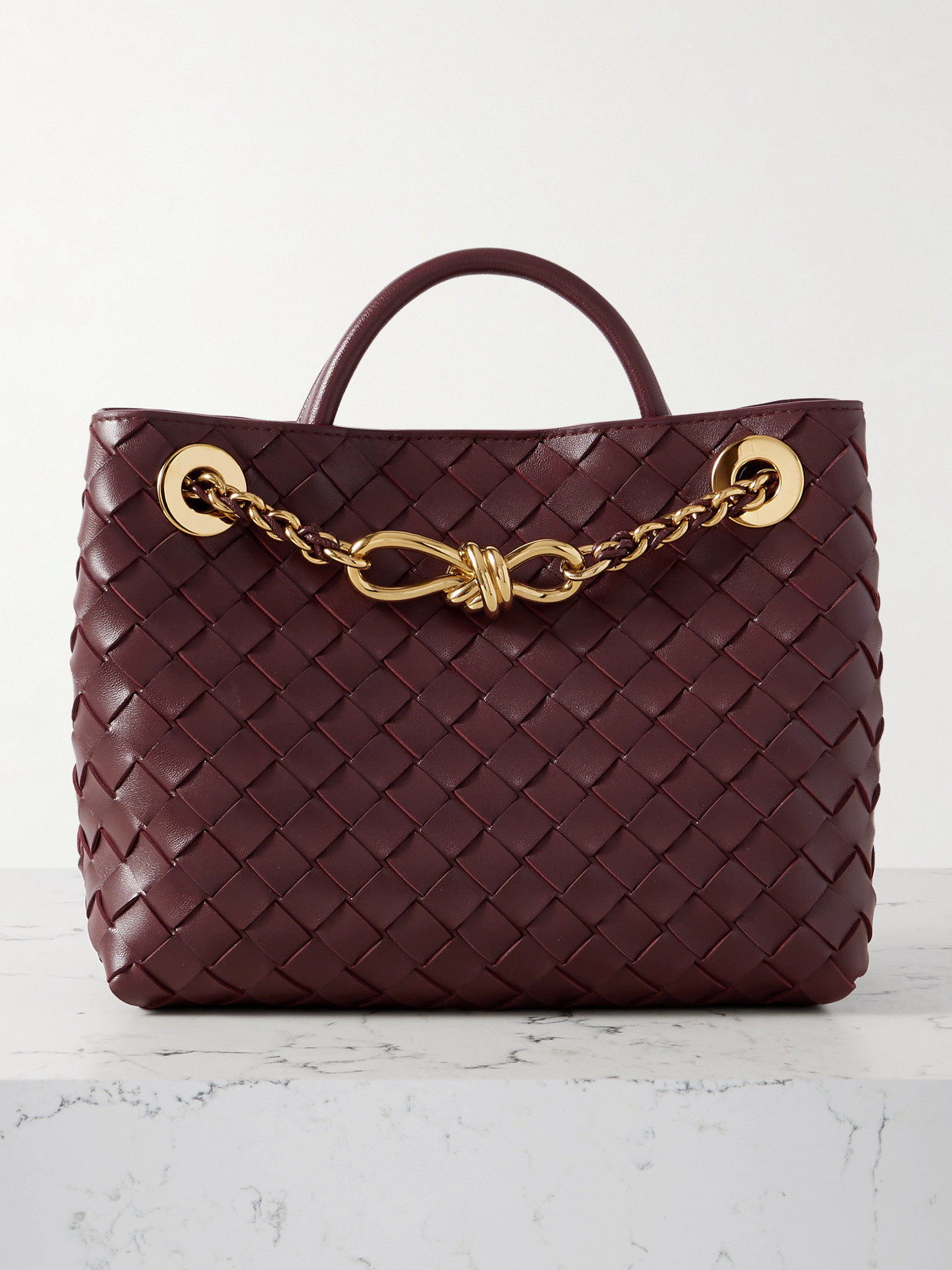 Bottega Veneta Andiamo With Chain Small Intrecciato Leather Shoulder Bag In Burgundy