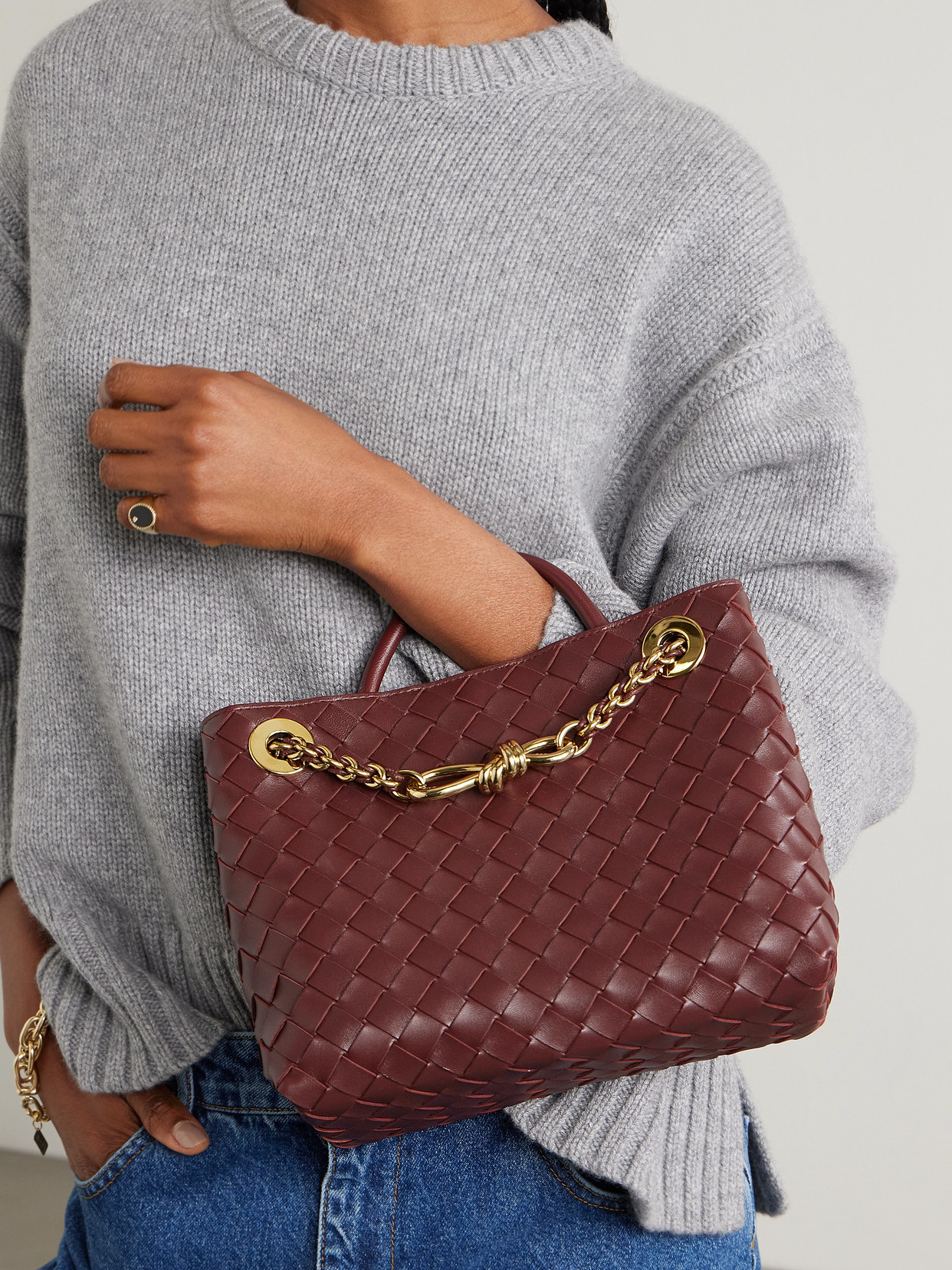 Bottega Veneta Andiamo With Chain Small Intrecciato Leather Shoulder Bag In Burgundy