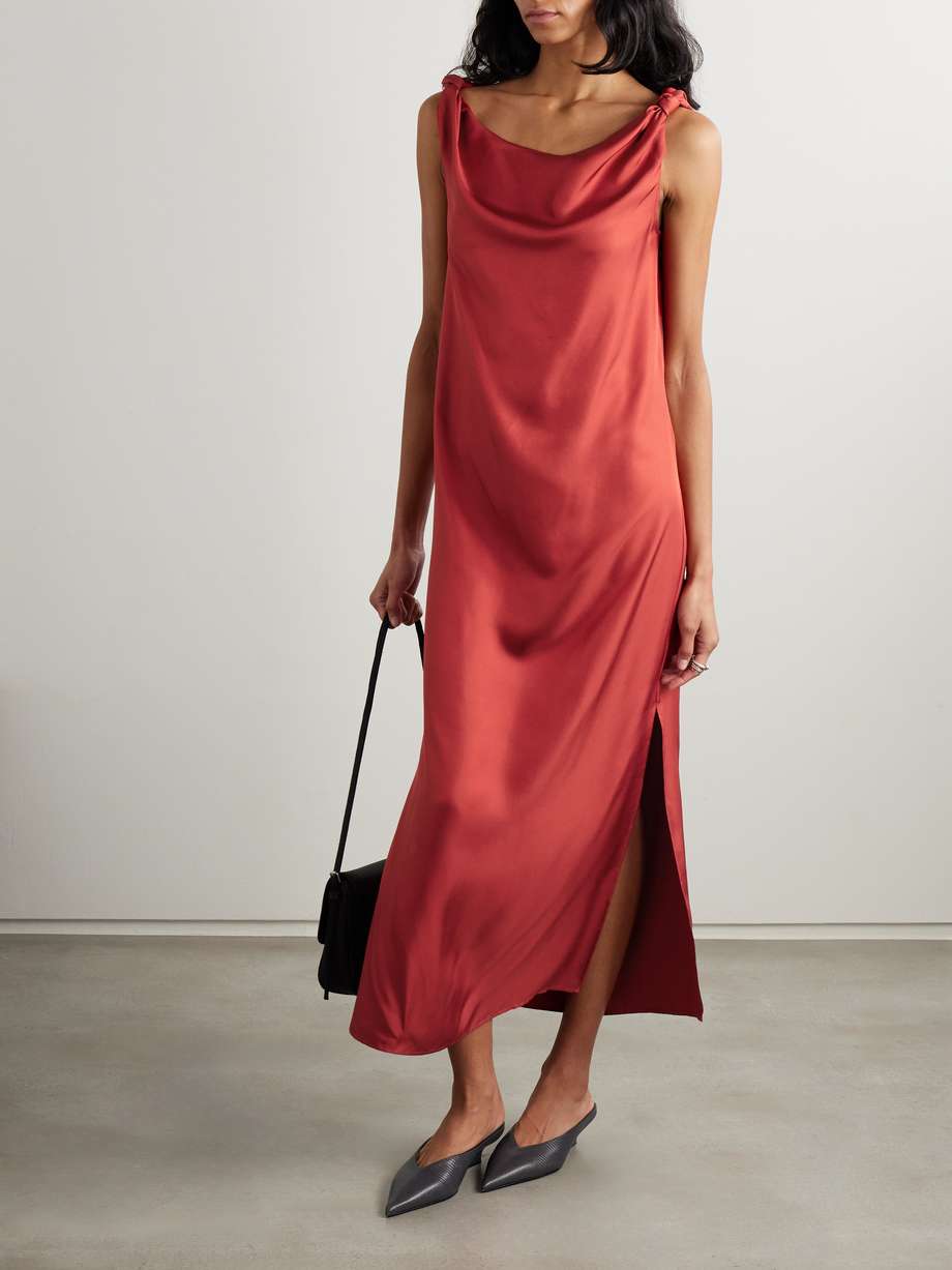 moun knotted draped silk-twill midi dress