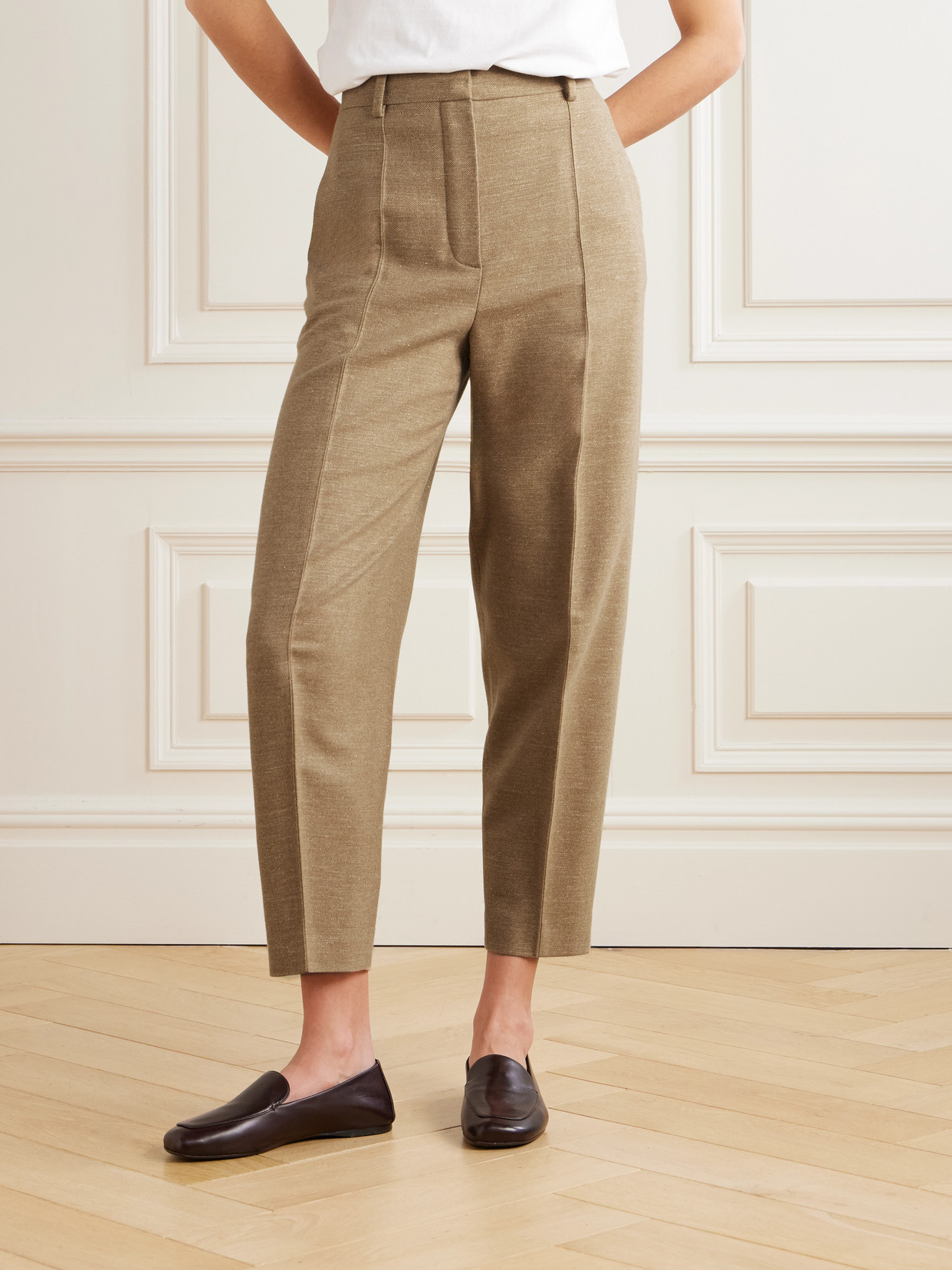 LORO PIANA DAN PLEATED WOOL, CASHMERE AND LINEN-BLEND TAPERED PANTS