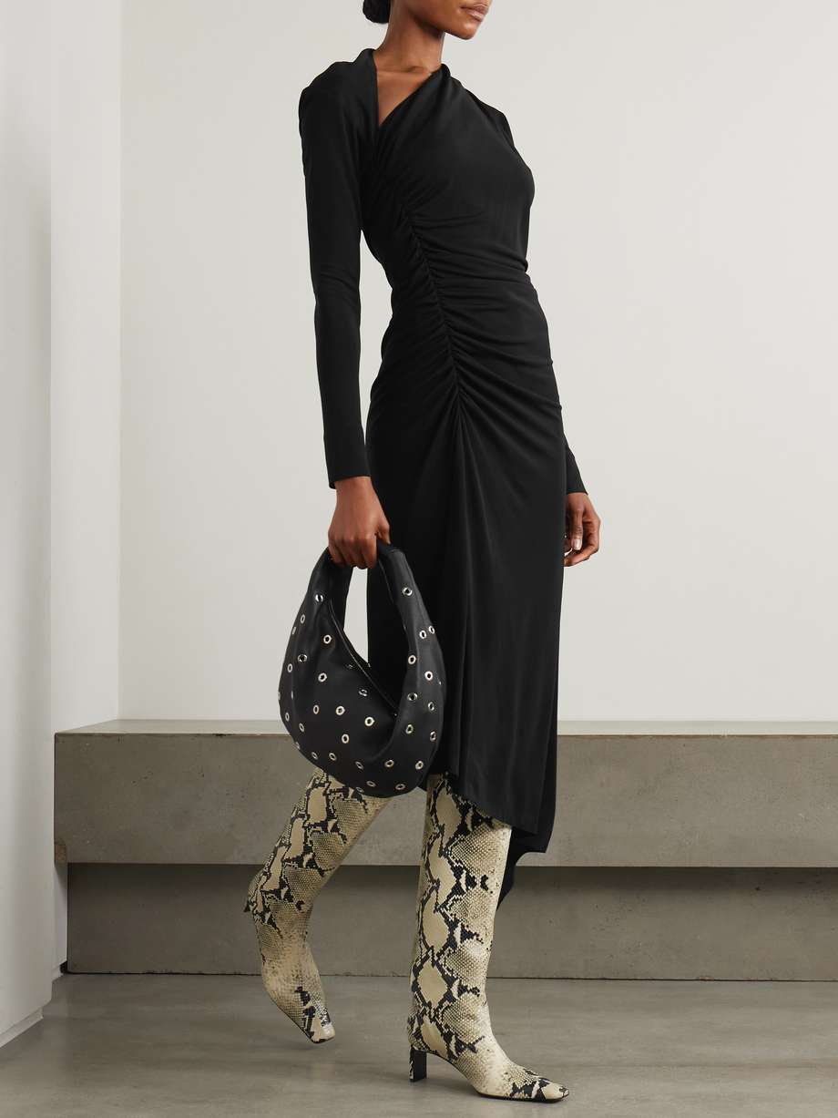 asymmetric cutout ruched stretch-jersey midi dress
