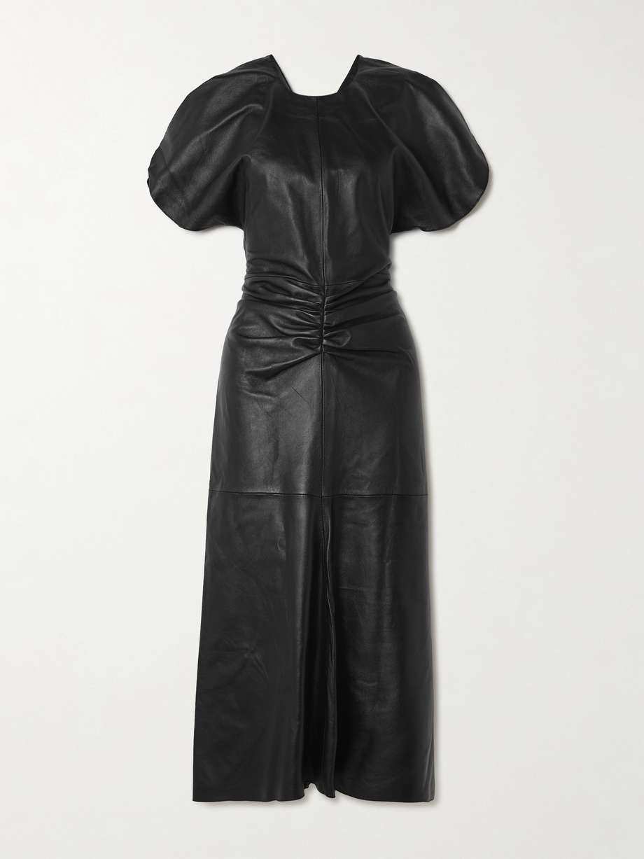 gathered leather midi dress