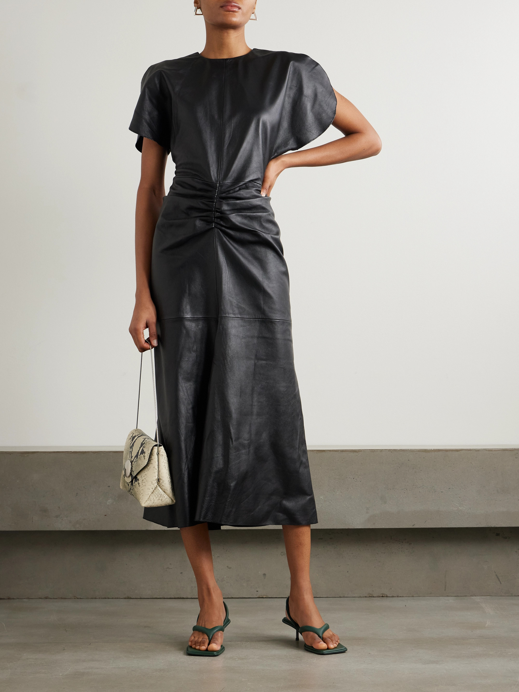 victoria beckham black leather dress Victoria Beckham - Gathered leather midi dress