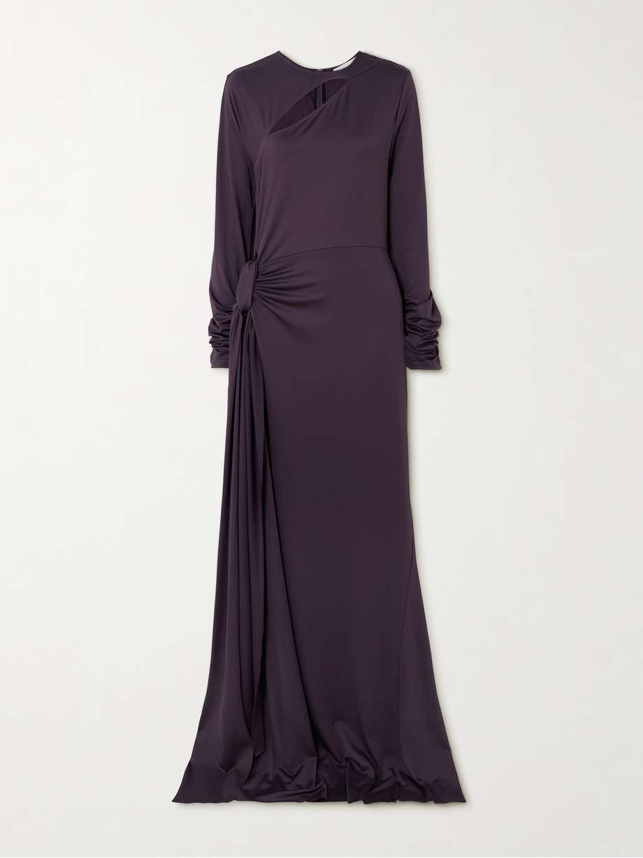 tie-detailed gathered cut-out stretch-jersey gown